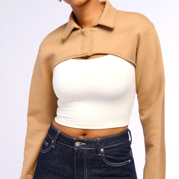 Callie Lives Miz Yuki Crop Bolero Working Tan Shacket Jacket L 1X - Picture 2 of 10